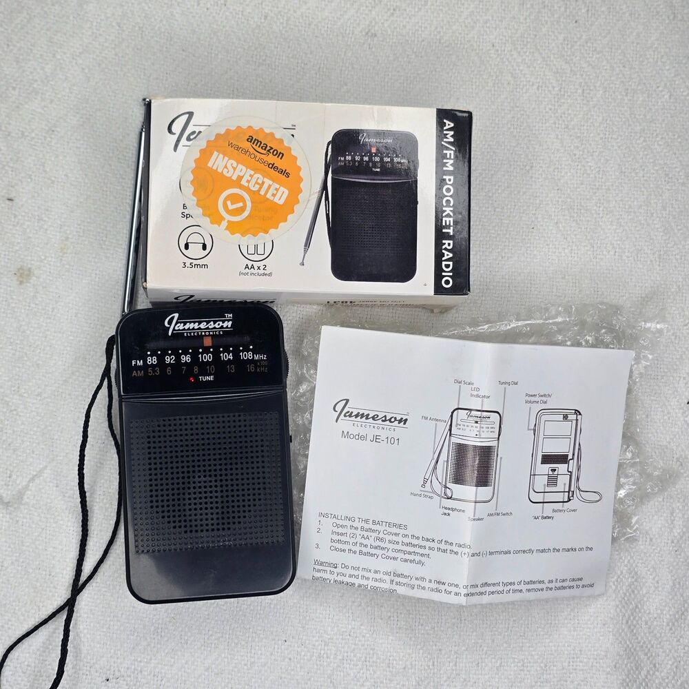 Jameson JE-101 AM FM Pocket Radio Black New Open Box With Original Box & Manua
